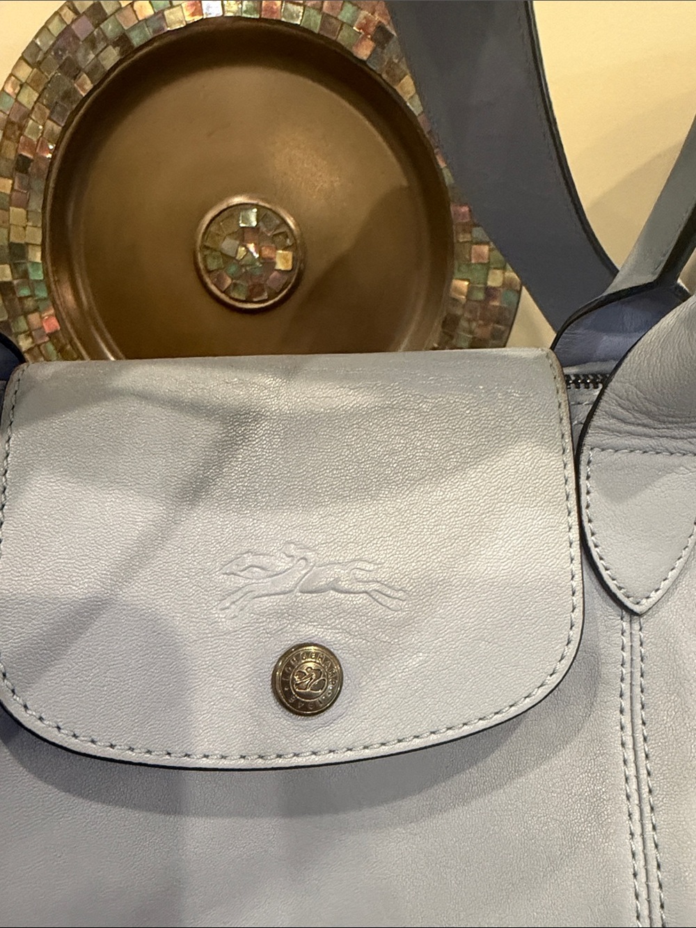 Longchamp Le Pliage Heritage Leather Tote in Light Blue - Picture 2 of 11